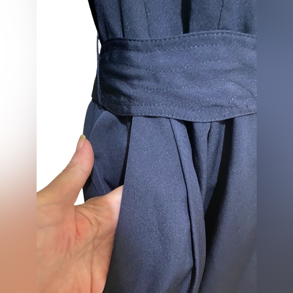 Eliza J Silky Navy Blue Dress Bell Sleeve Sheath Belted Pockets Preppy Office - Picture 6 of 16